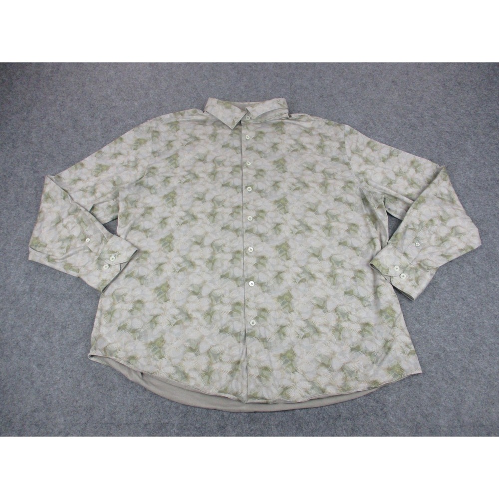 BUGATCHI Shirt Mens and Extra Large Beige Green 8 Way Stretch Floral Button Up